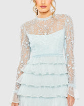 Blue Embroidered Long Sleeve Ruffled Tiered Dress